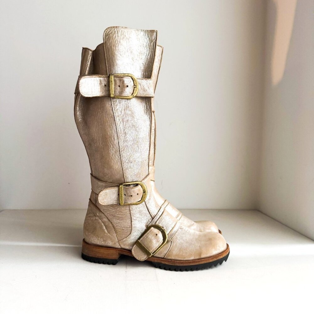 Jim Barnier Light Beige Suede Antique Gold Finish KNee High Boots 9